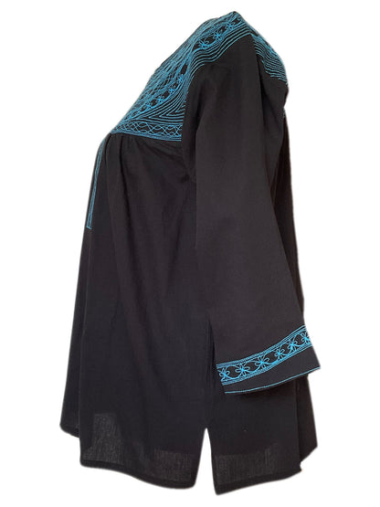 Oaxacan artisan blouse in black with blue embroidery