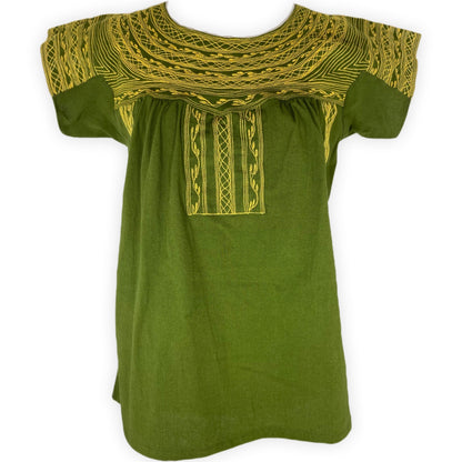 Oaxacan artisan blouse green with ochre embroidery