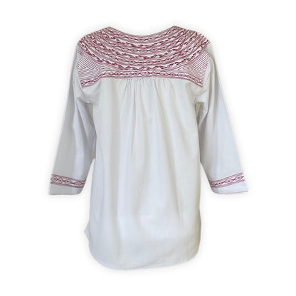 Oaxacan artisan blouse in white with red embroidery back view