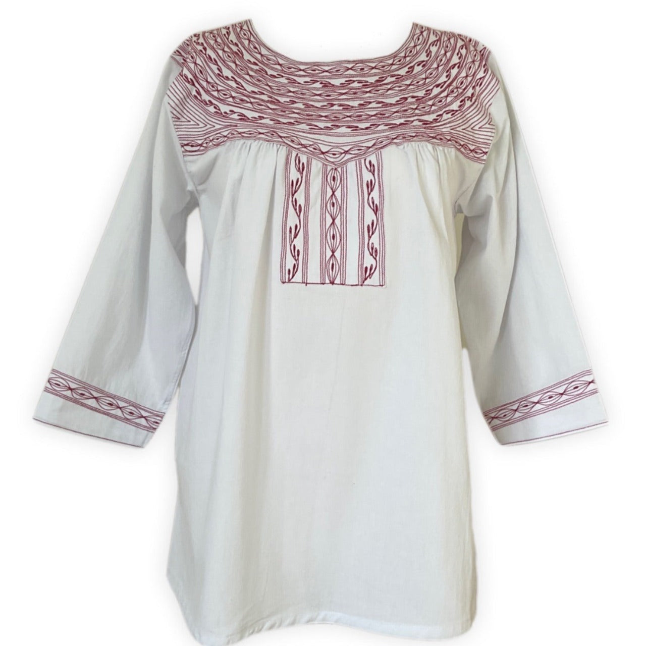 Oaxacan artisan blouse in white with red embroidery front view