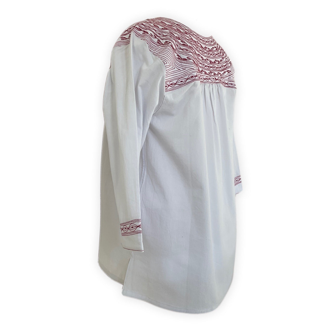 Oaxacan artisan blouse in white with red embroidery side back view