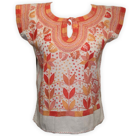 Hand embroidered blouse in coral tones