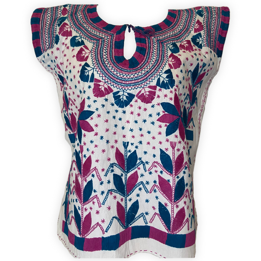 Hand embroidered blouse in magenta and blue