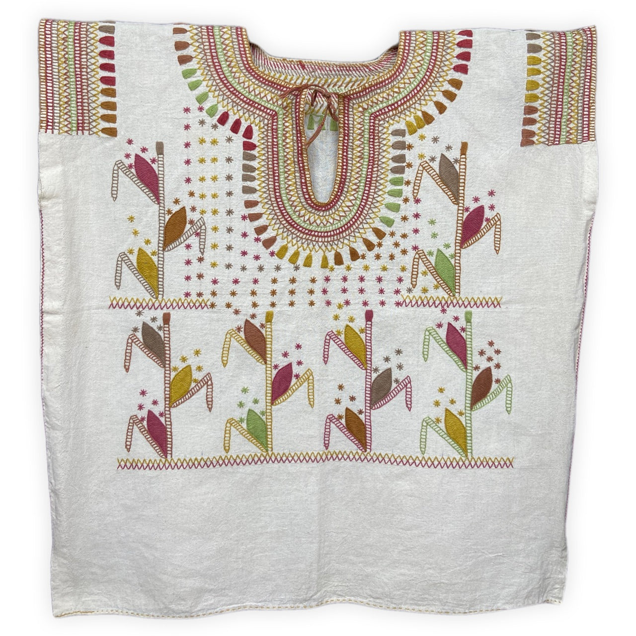 Hand embroidered huipil blouse in neutral hues