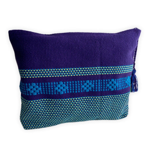 Hand woven blue cosmetic bag in purple, royal blue and lime green tones