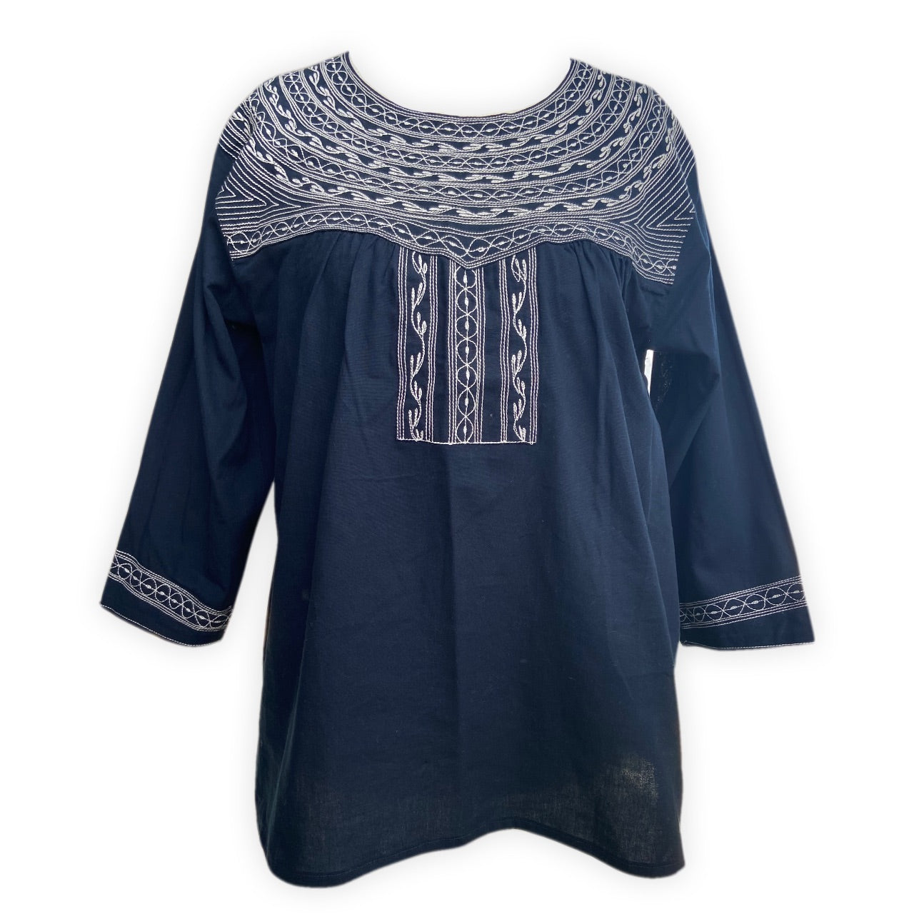 Oaxacan artisan blouse navy blue with embroidery in silver