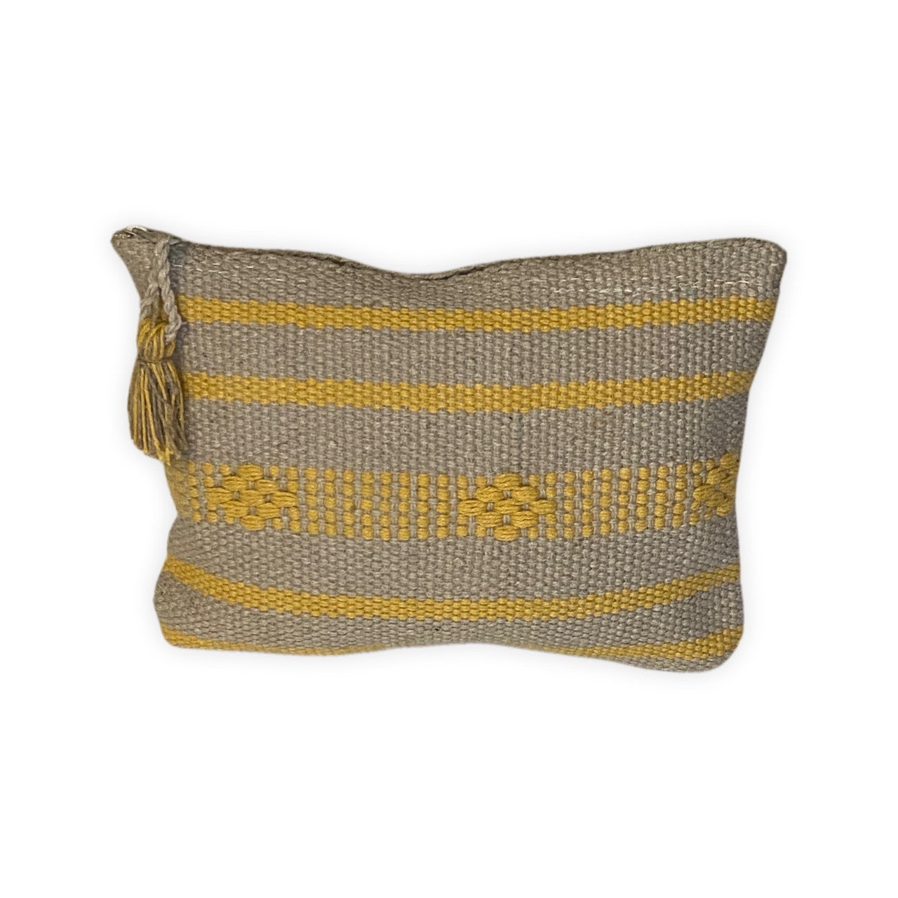 Handwoven grey and mustard yellow cotton pouch with traditional brocade patterns, featuring side tassel and crafted by Oaxacan artisan Alejandrina.
