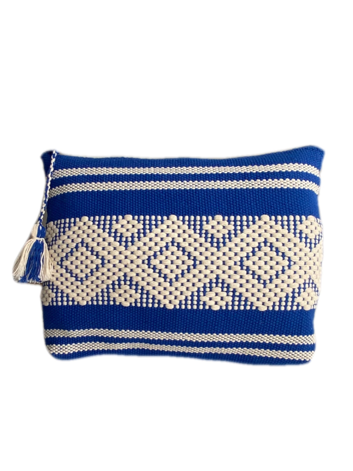 Handwoven cosmetic bag in royal blue and crisp white hues