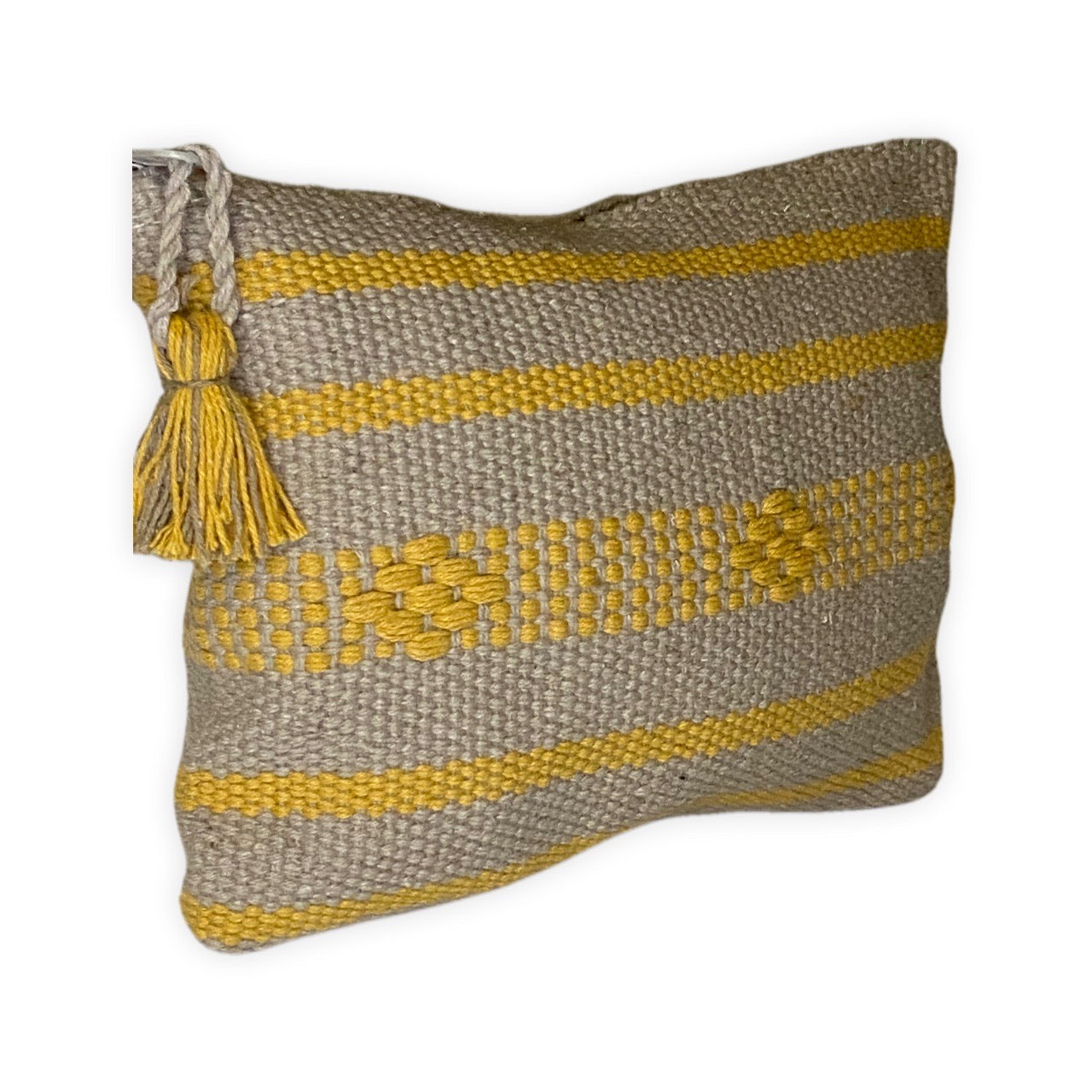 Handwoven grey and mustard yellow cotton pouch with traditional brocade patterns, featuring side tassels and crafted by Oaxacan artisan Alejandrina.