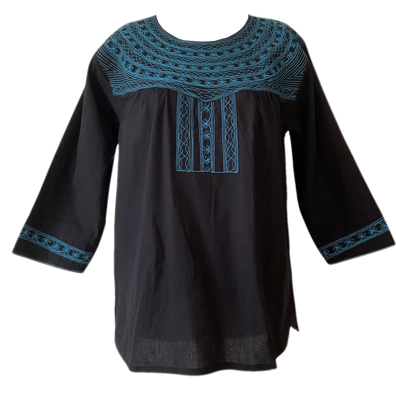 Oaxacan artisan blouse in black with blue embroidery