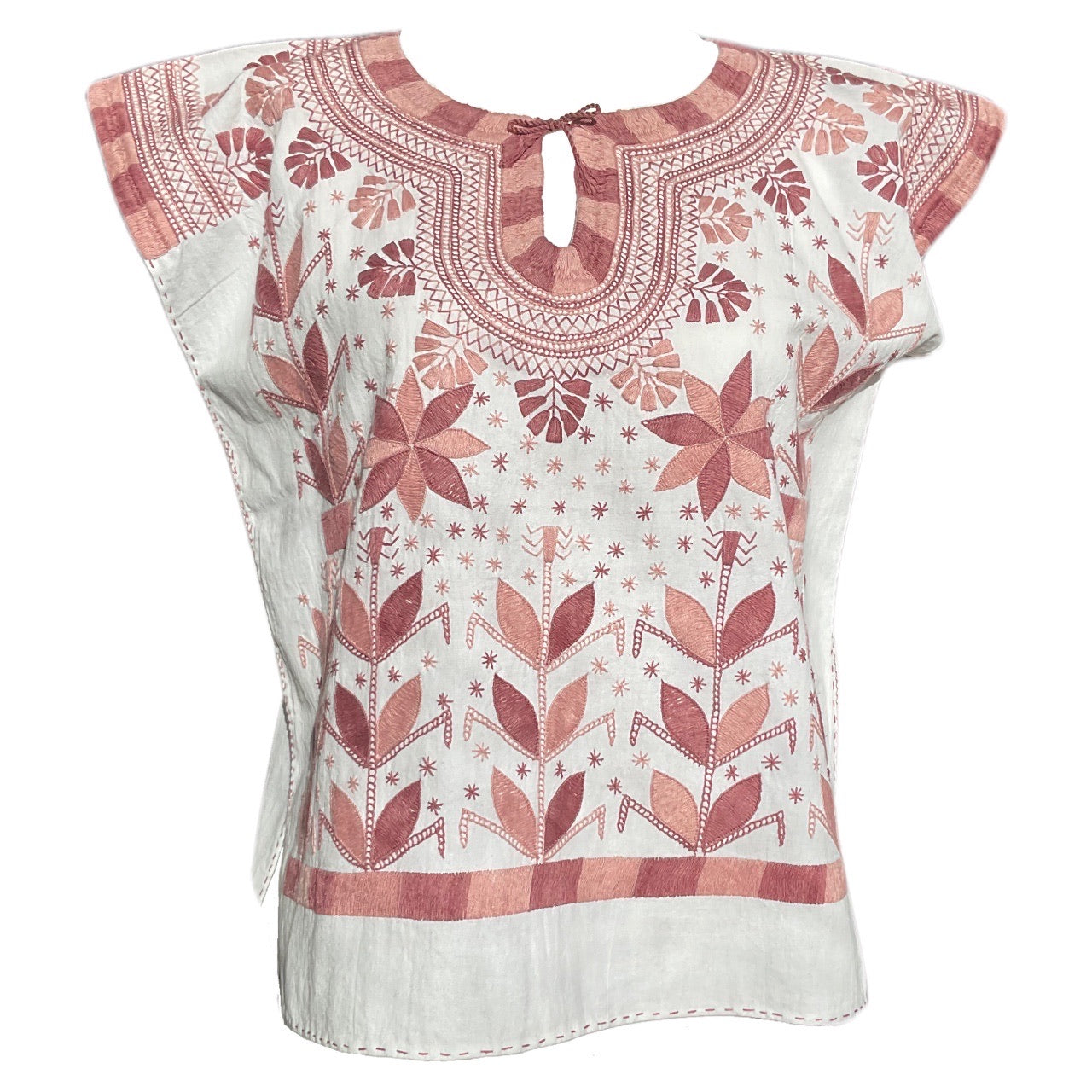 Hand embroidered blouse in dusty pink tones front view