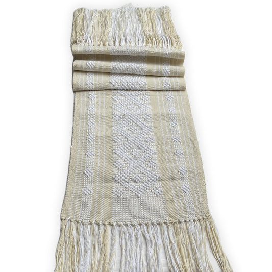 Hand woven table runner  in white and ivory
