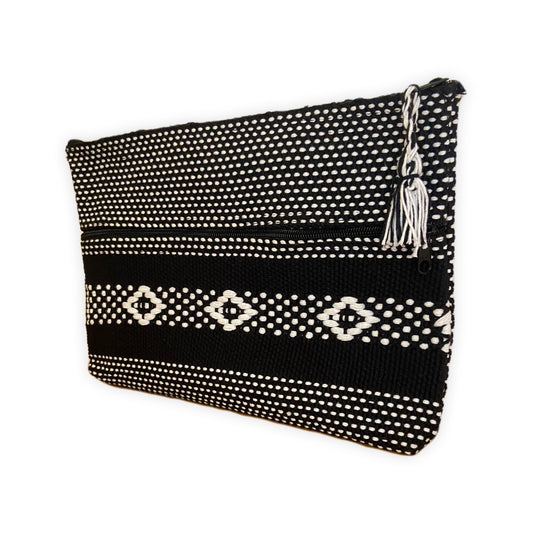 Hand woven black and white cosmetic bag
