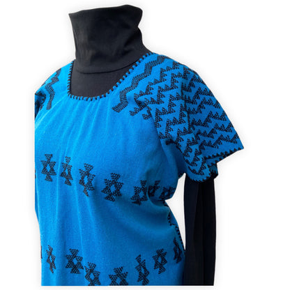 Hand woven blue huipil dress with black brocades