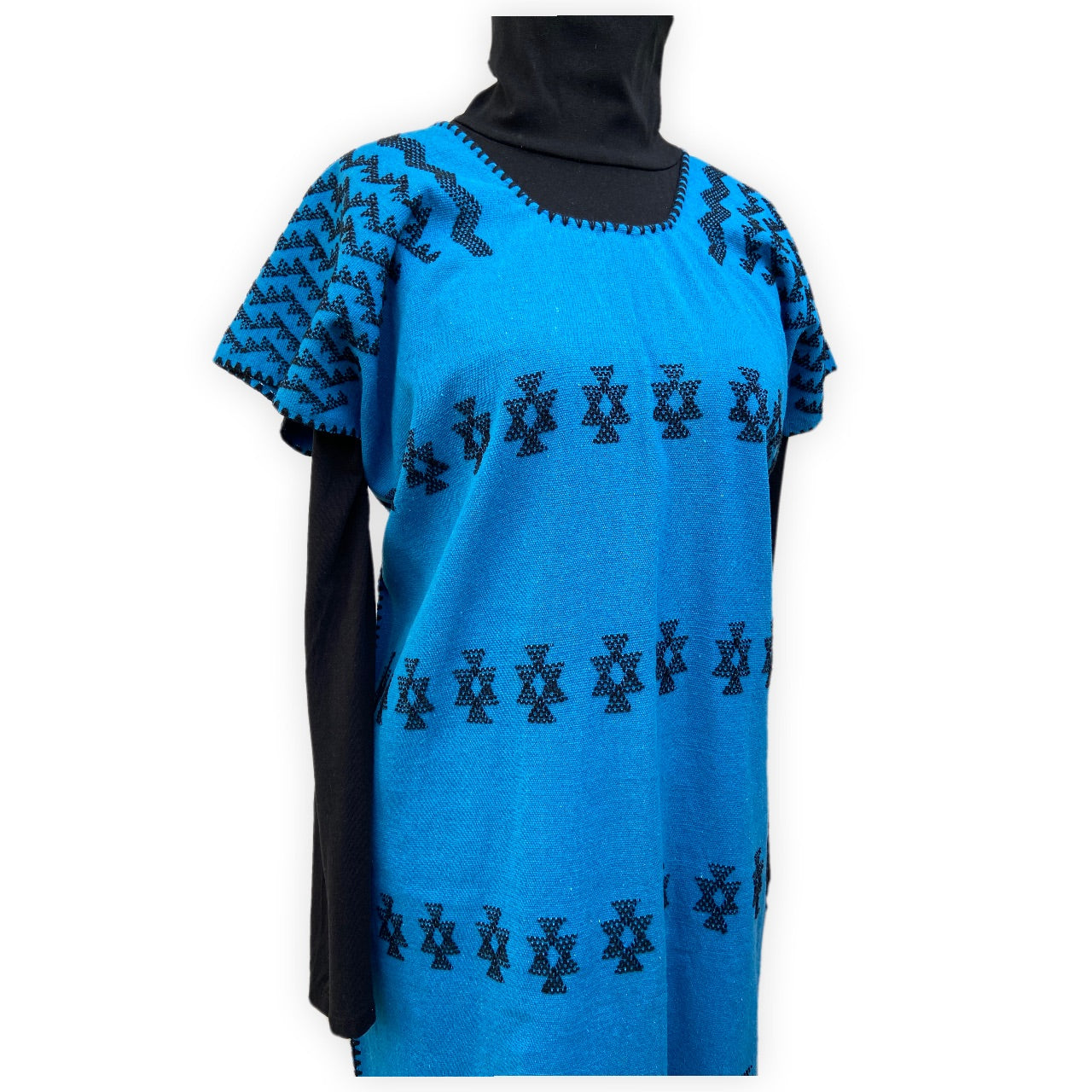Handgewebtes blaues Kaftan-Kleid mit schwarzem Brokat