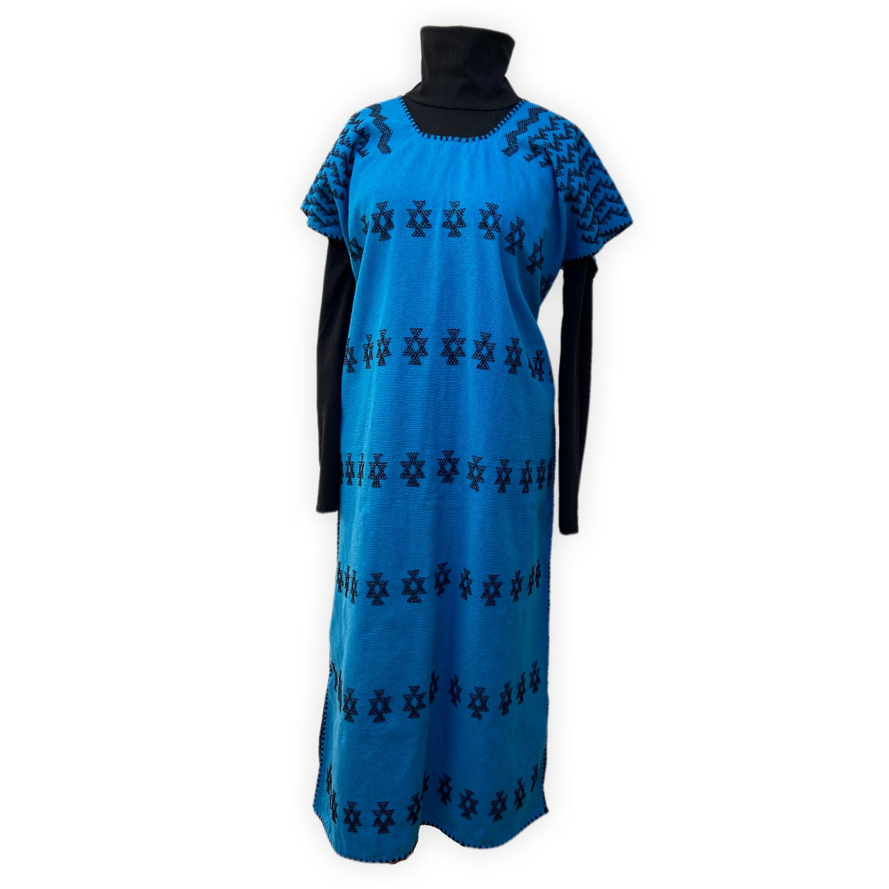 Hand woven blue huipil dress with black brocades