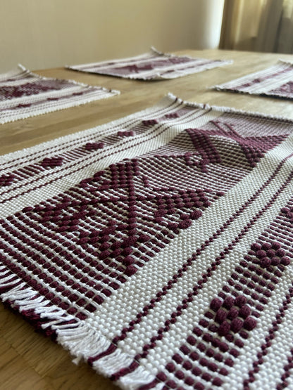 Hand woven table runner and 8 placemats in white and bordeaux